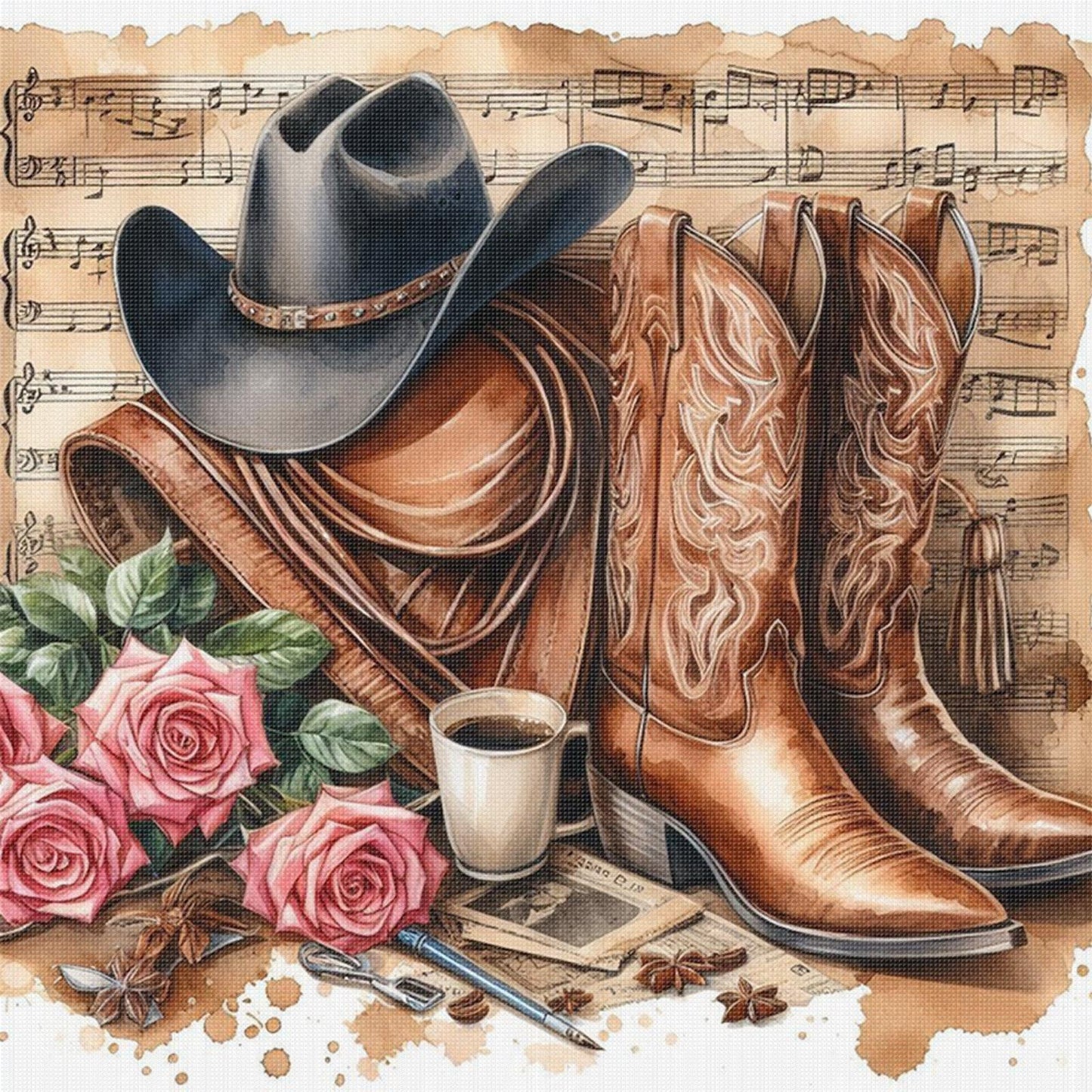 Cowboy Hat And Boots - Full 11CT Stamped Cross Stitch 40x40CM - Huacan
