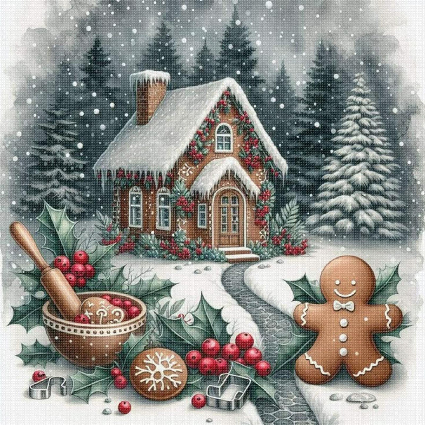 Christmas Cottage - Full 11CT Stamped Cross Stitch 45x45CM - Huacan