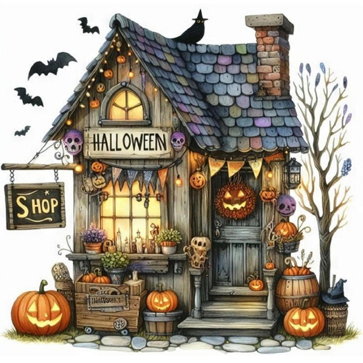 Halloween Cottage - Full 11CT Stamped Cross Stitch 40x40CM - Huacan