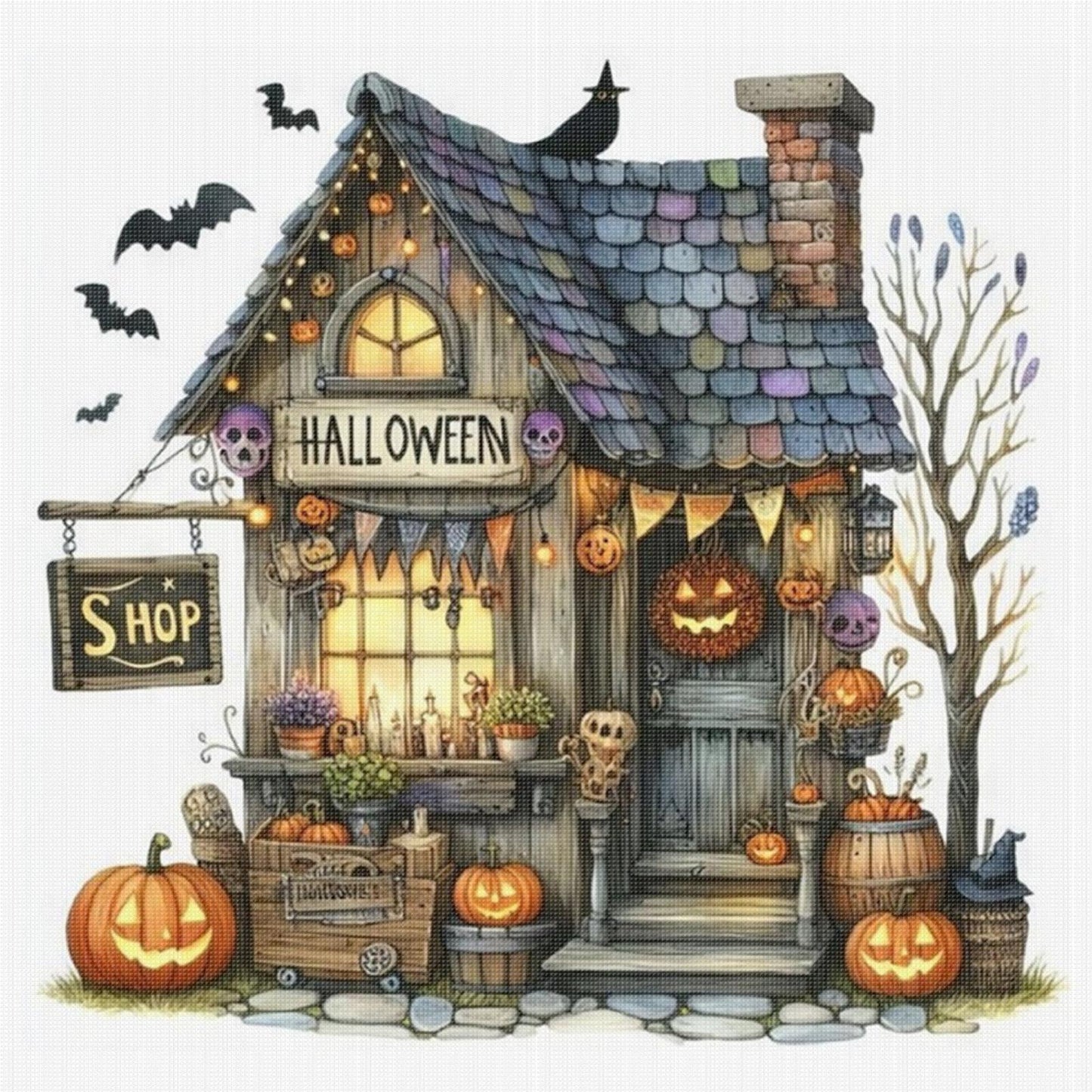 Halloween Cottage - Full 11CT Stamped Cross Stitch 40x40CM - Huacan