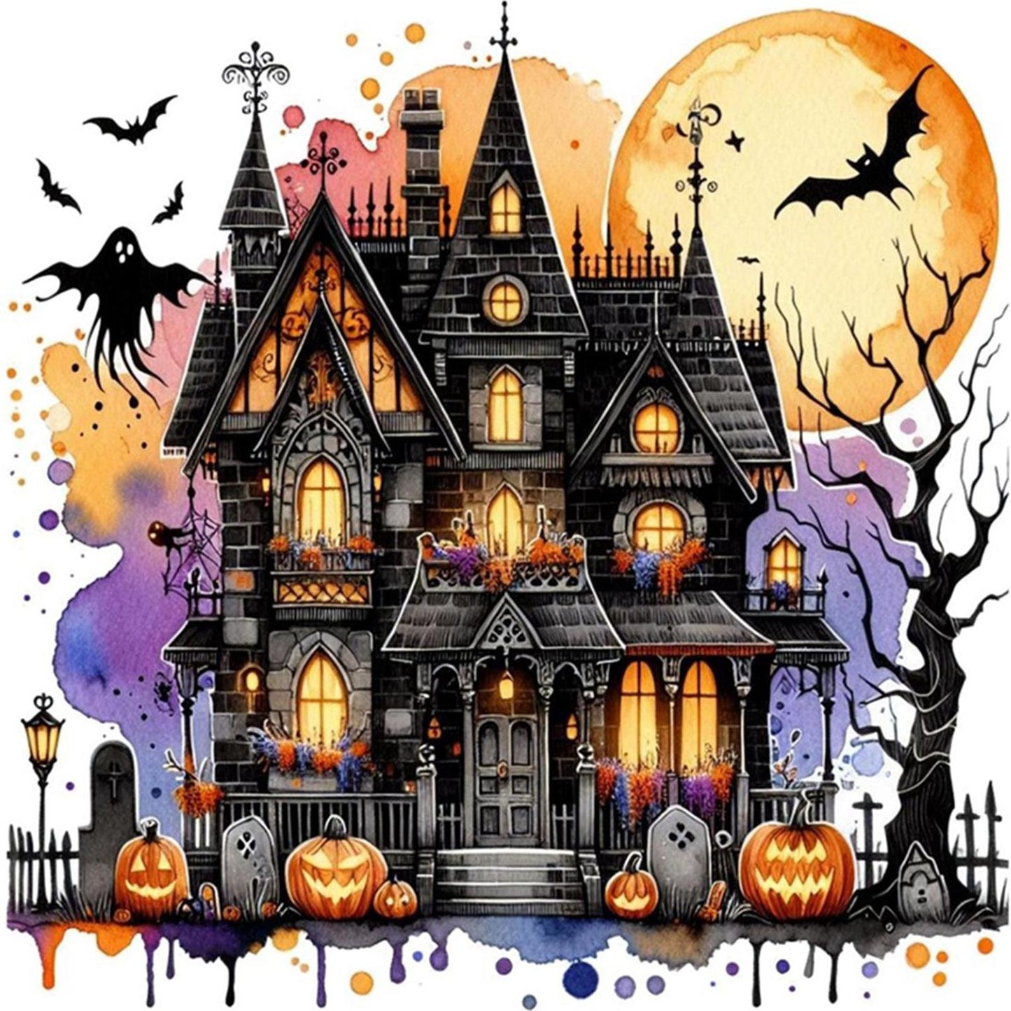 Halloween Cottage - Full 11CT Stamped Cross Stitch 40x40CM - Huacan