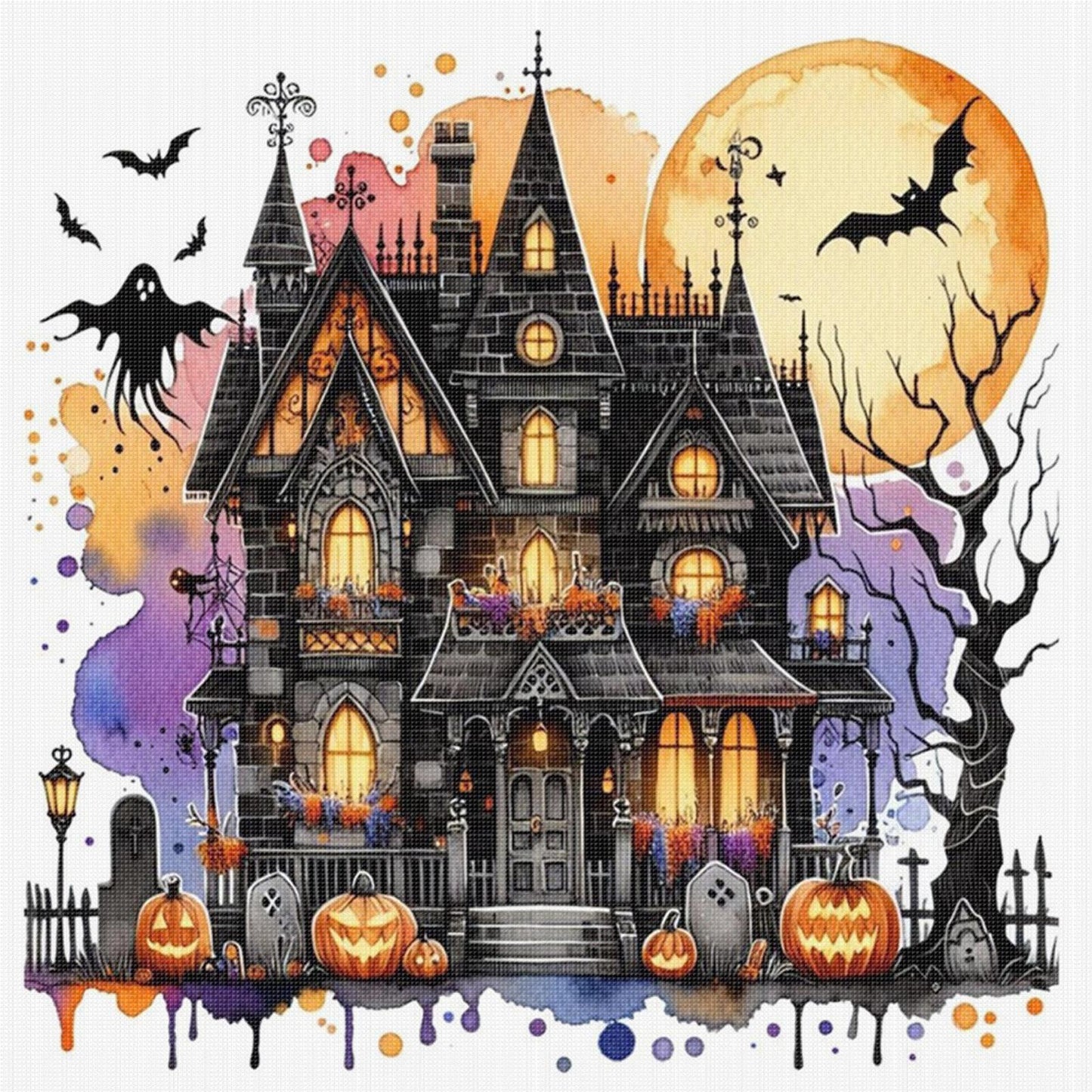 Halloween Cottage - Full 11CT Stamped Cross Stitch 40x40CM - Huacan