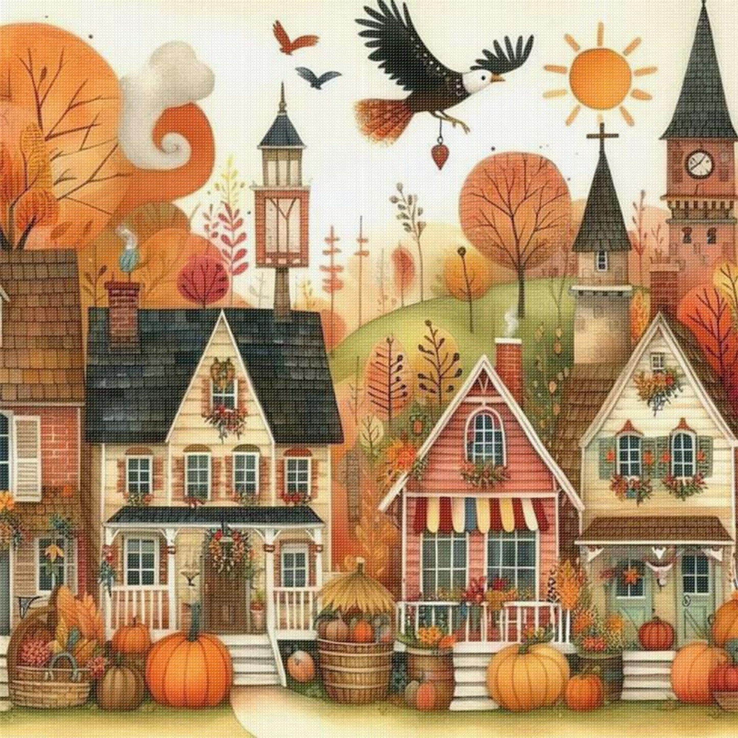 Halloween Night Town - Full 11CT Stamped Cross Stitch 45x45CM - Huacan