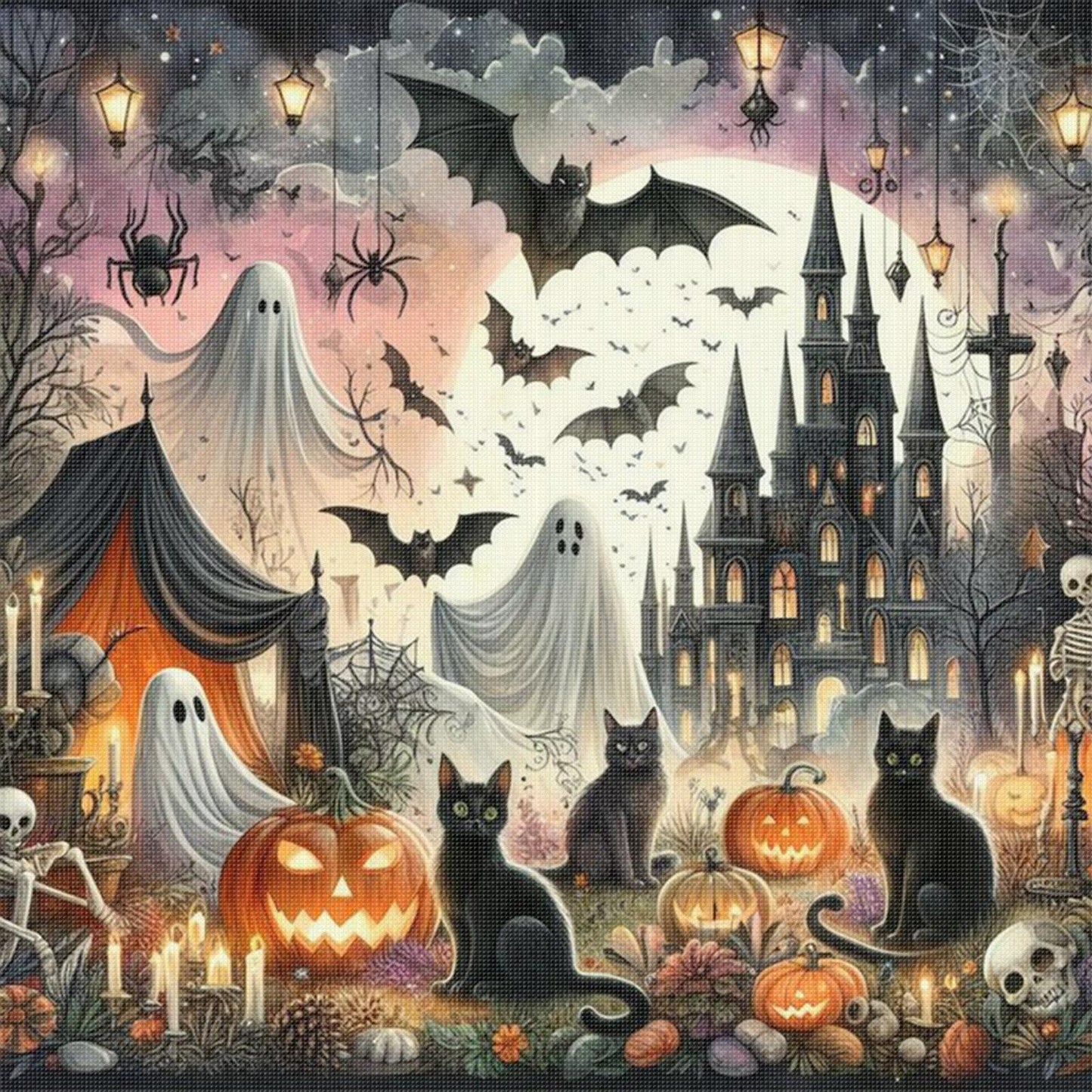 Halloween Night Town - Full 11CT Stamped Cross Stitch 45x45CM - Huacan