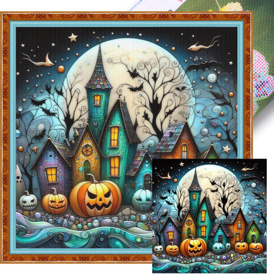 Halloween Night Town - Full 11CT Stamped Cross Stitch 45x45CM - Huacan