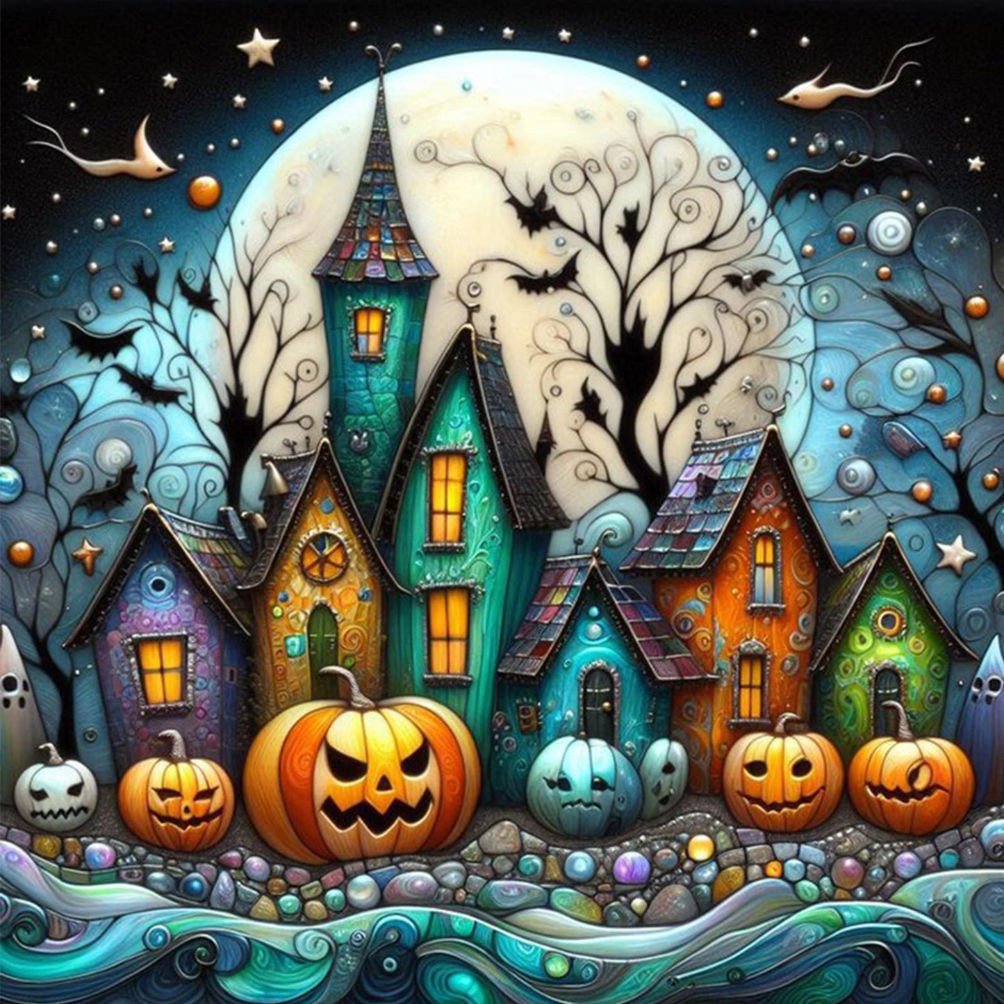 Halloween Night Town - Full 11CT Stamped Cross Stitch 45x45CM - Huacan