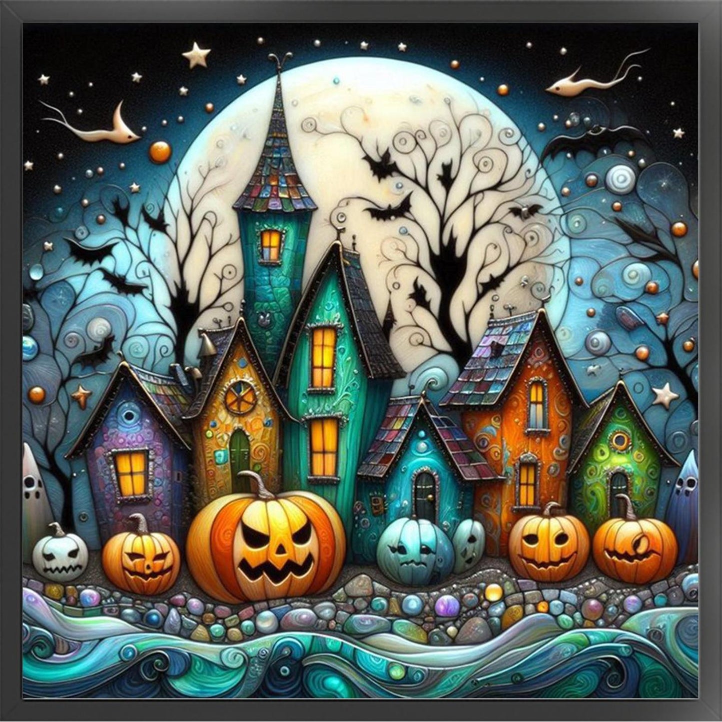 Halloween Night Town - Full 11CT Stamped Cross Stitch 45x45CM - Huacan
