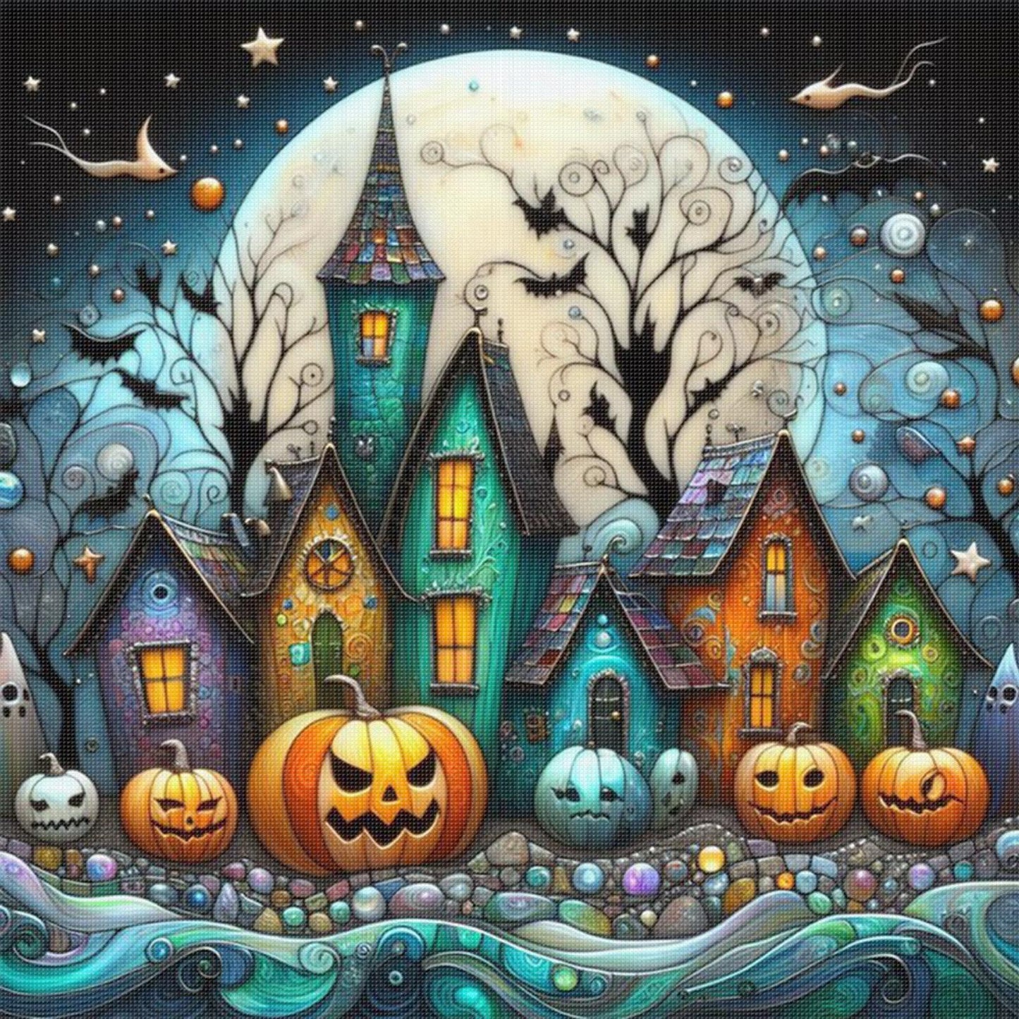 Halloween Night Town - Full 11CT Stamped Cross Stitch 45x45CM - Huacan