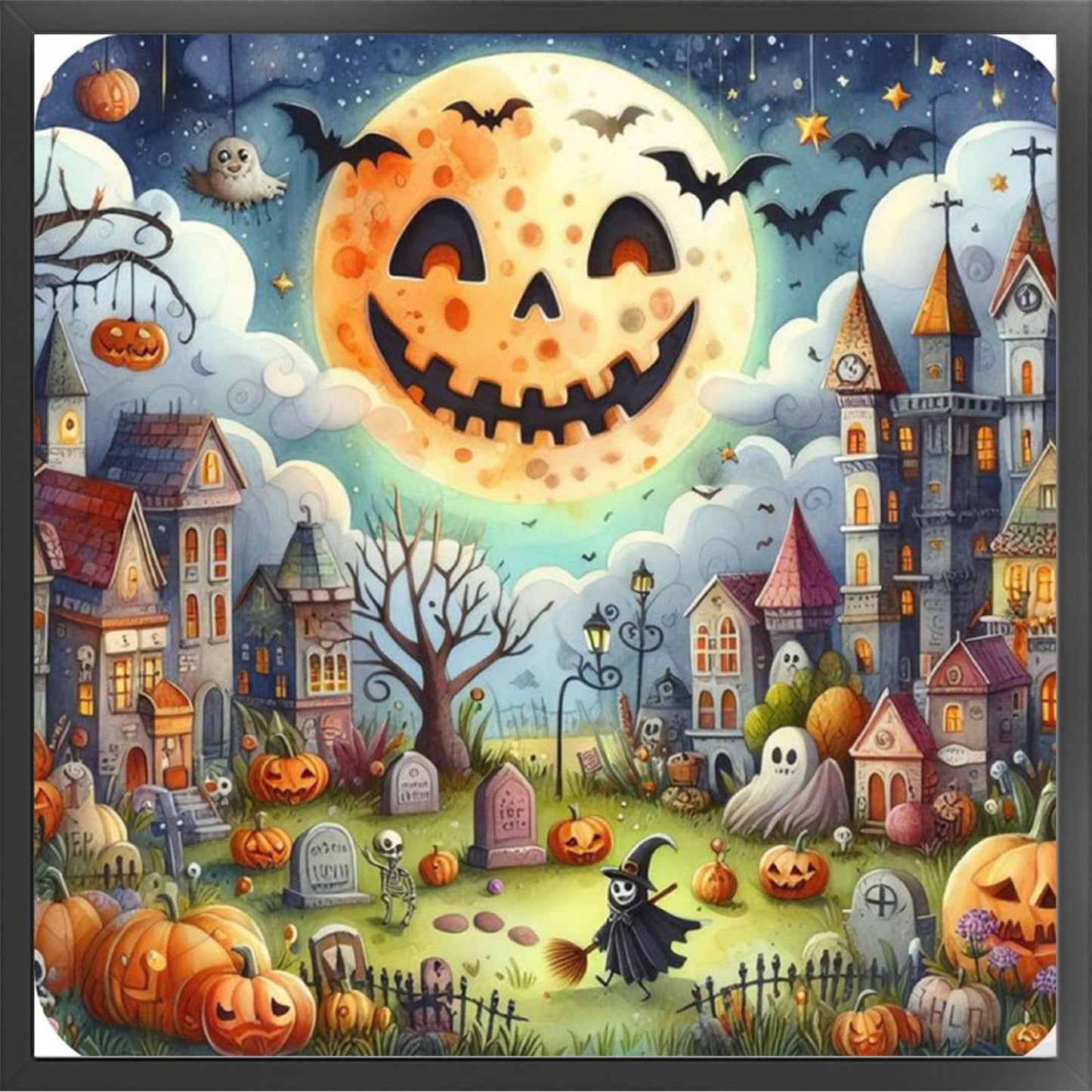 Halloween Night Town - Full 11CT Stamped Cross Stitch 45x45CM - Huacan