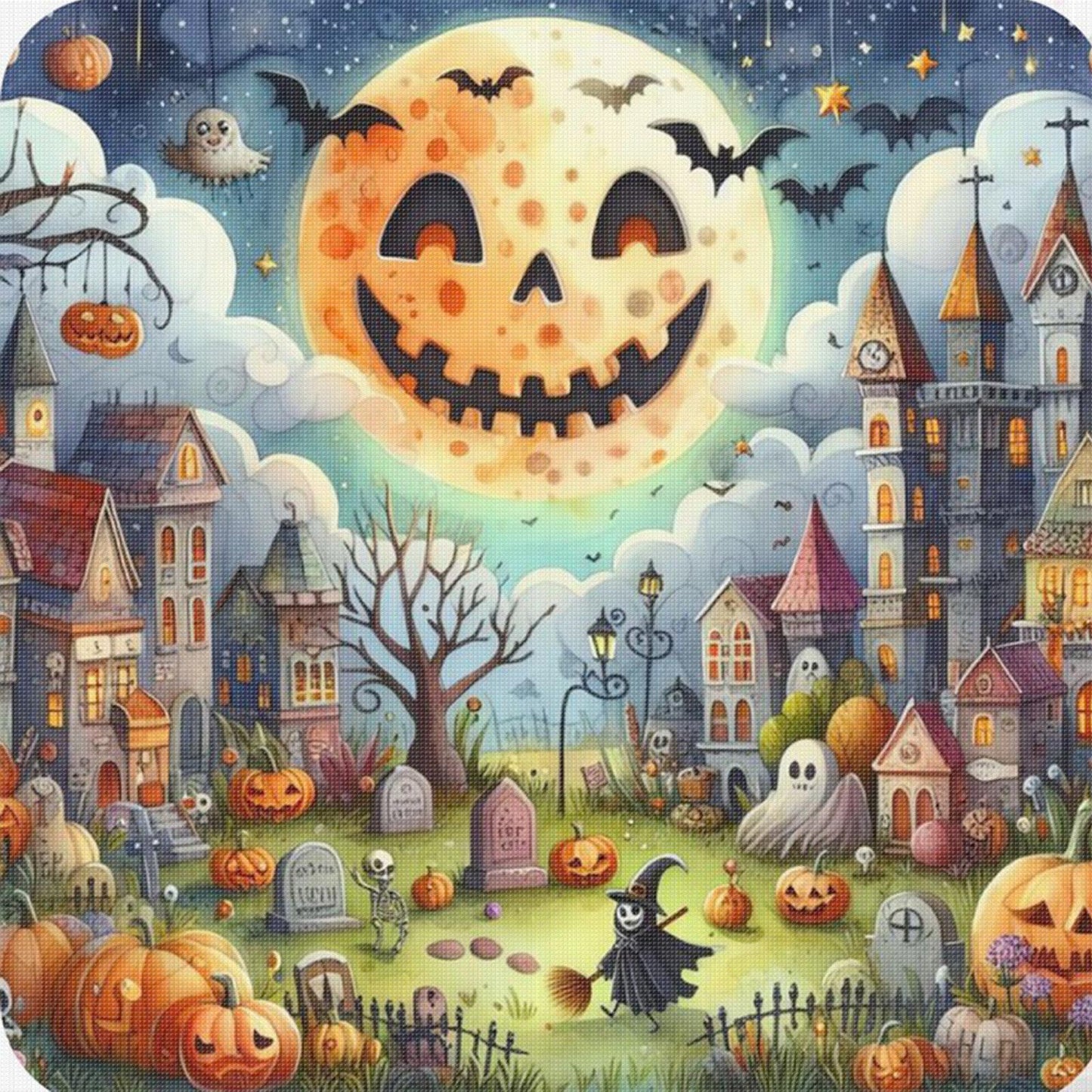 Halloween Night Town - Full 11CT Stamped Cross Stitch 45x45CM - Huacan
