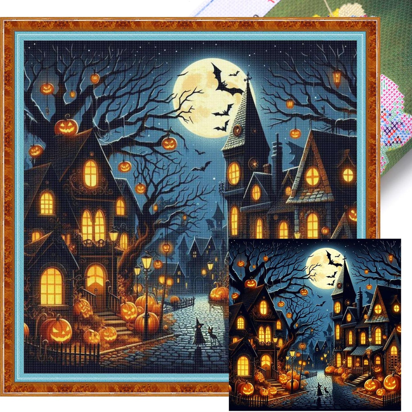 Halloween Night Town - Full 11CT Stamped Cross Stitch 45x45CM - Huacan