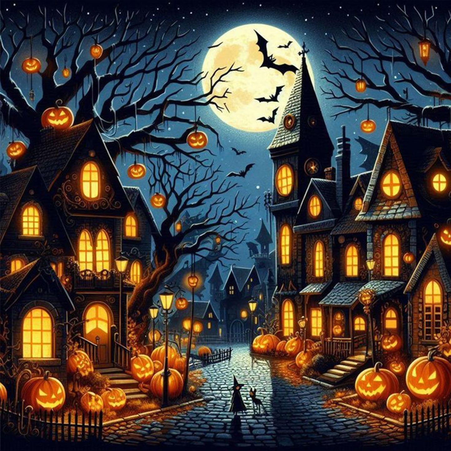 Halloween Night Town - Full 11CT Stamped Cross Stitch 45x45CM - Huacan