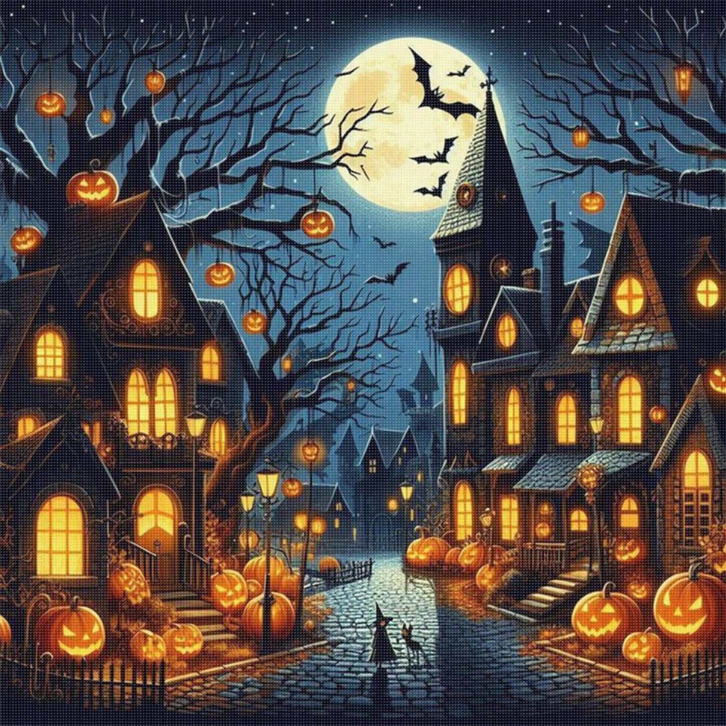 Halloween Night Town - Full 11CT Stamped Cross Stitch 45x45CM - Huacan