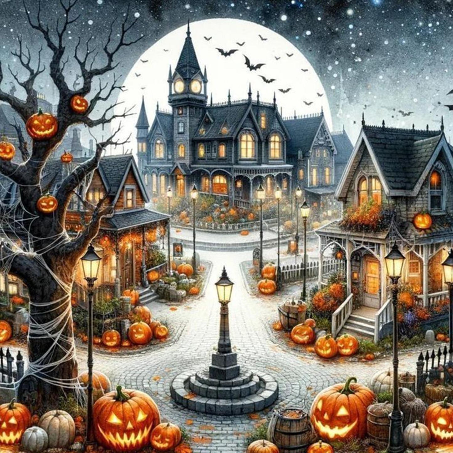 Halloween Night Town - Full 11CT Stamped Cross Stitch 45x45CM - Huacan