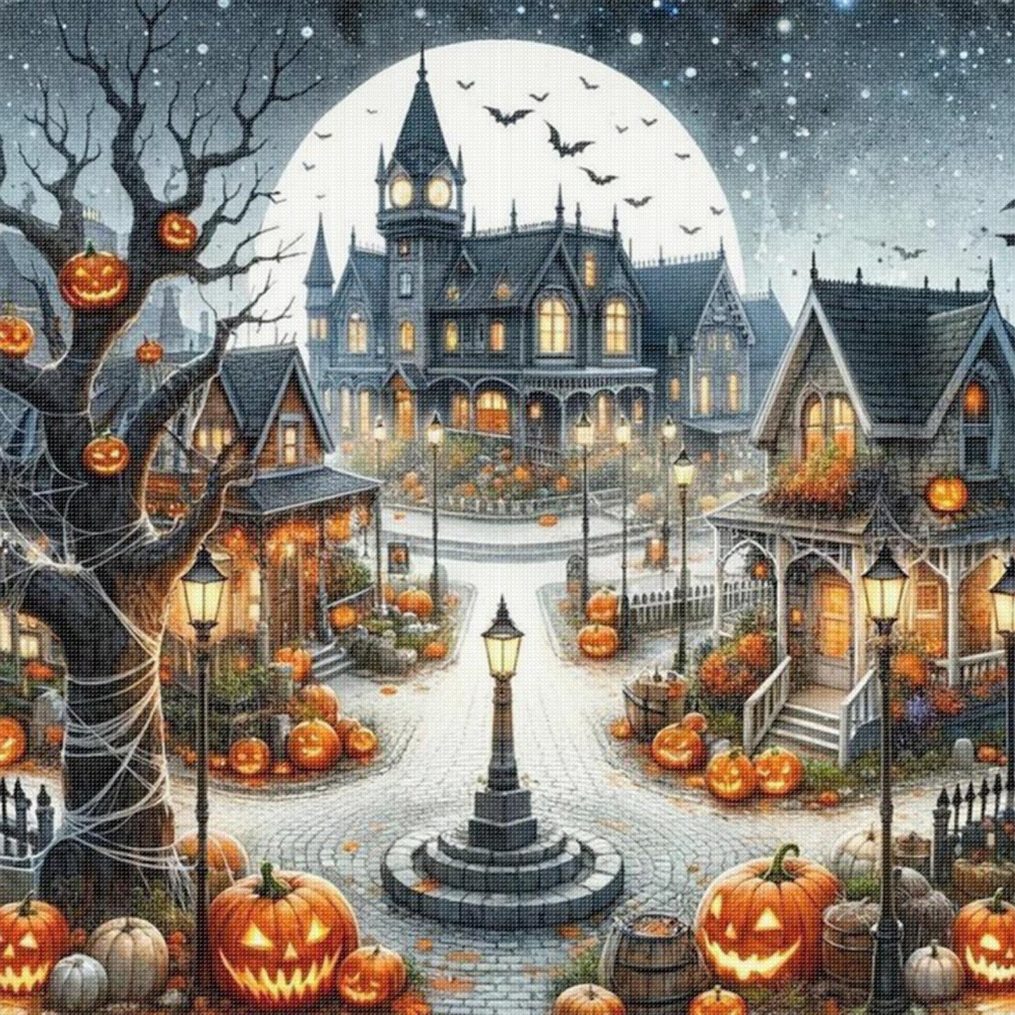 Halloween Night Town - Full 11CT Stamped Cross Stitch 45x45CM - Huacan