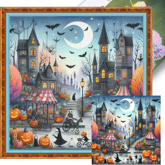 Halloween Night Town - Full 11CT Stamped Cross Stitch 45x45CM - Huacan