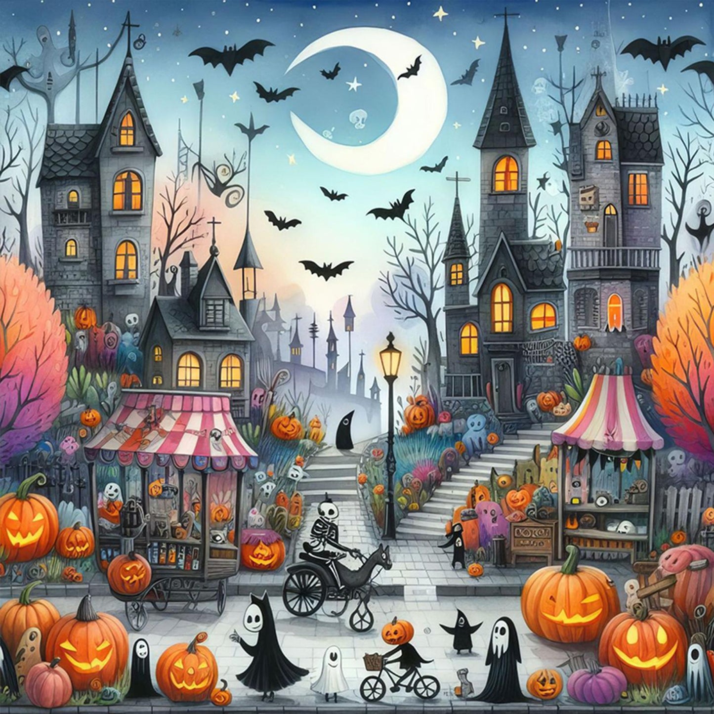 Halloween Night Town - Full 11CT Stamped Cross Stitch 45x45CM - Huacan
