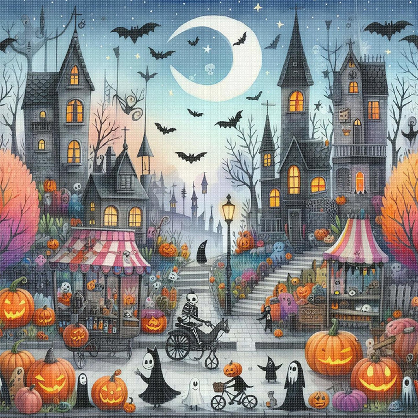 Halloween Night Town - Full 11CT Stamped Cross Stitch 45x45CM - Huacan