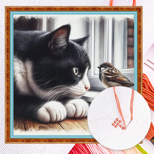 Cat And Bird - Full 11CT Counted Cross Stitch 40x40CM - Huacan