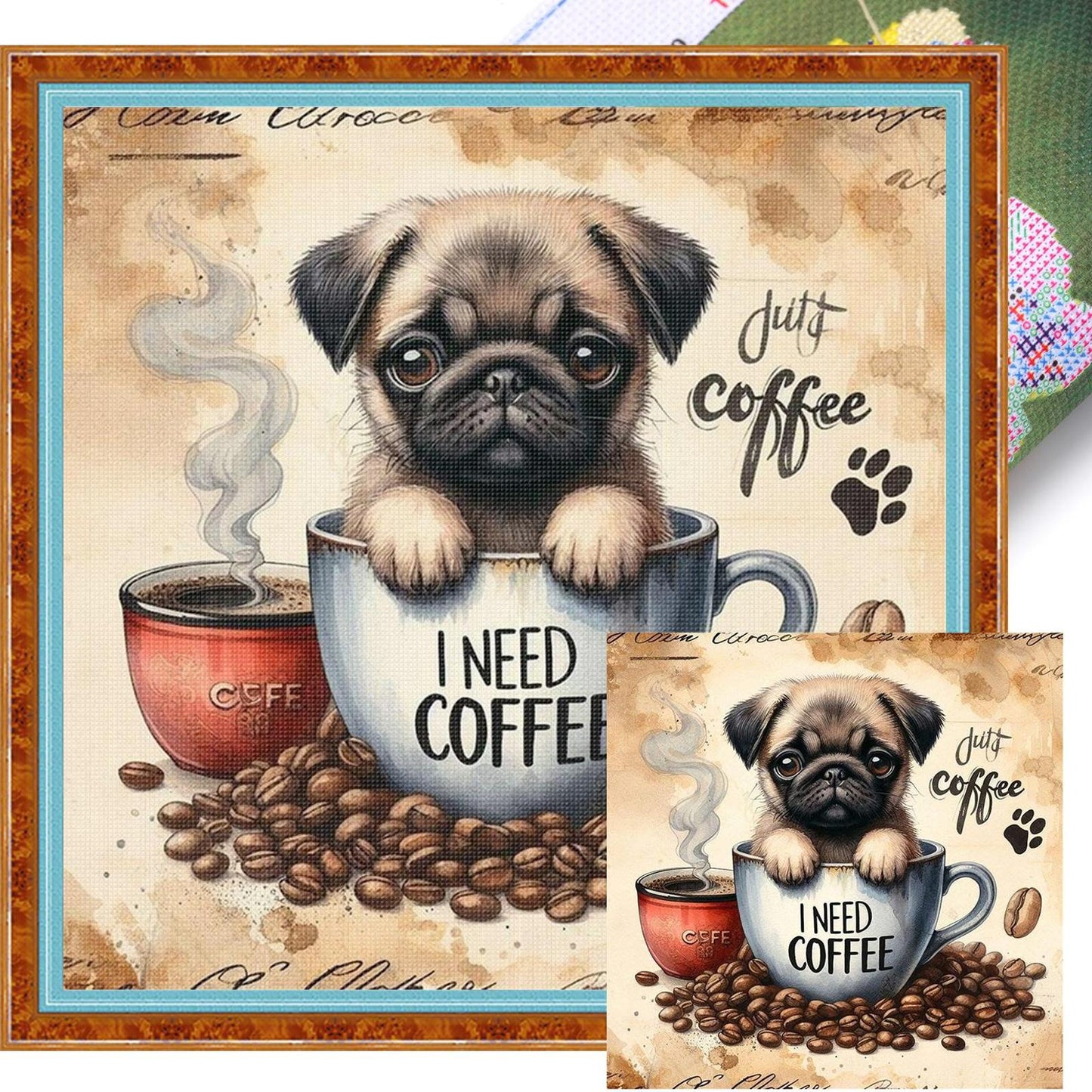 Pug In Coffee Cup-Dog - Full 11CT Stamped Cross Stitch 40x40CM - Yishu