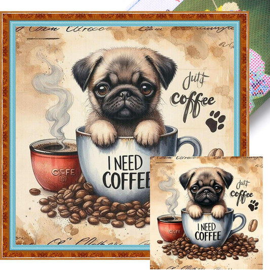 Pug In Coffee Cup-Dog - Full 11CT Stamped Cross Stitch 40x40CM - Yishu