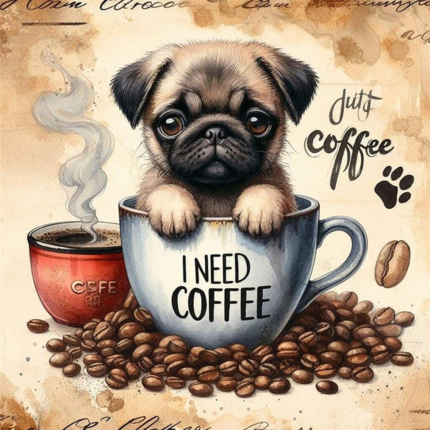 Pug In Coffee Cup-Dog - Full 11CT Stamped Cross Stitch 40x40CM - Yishu
