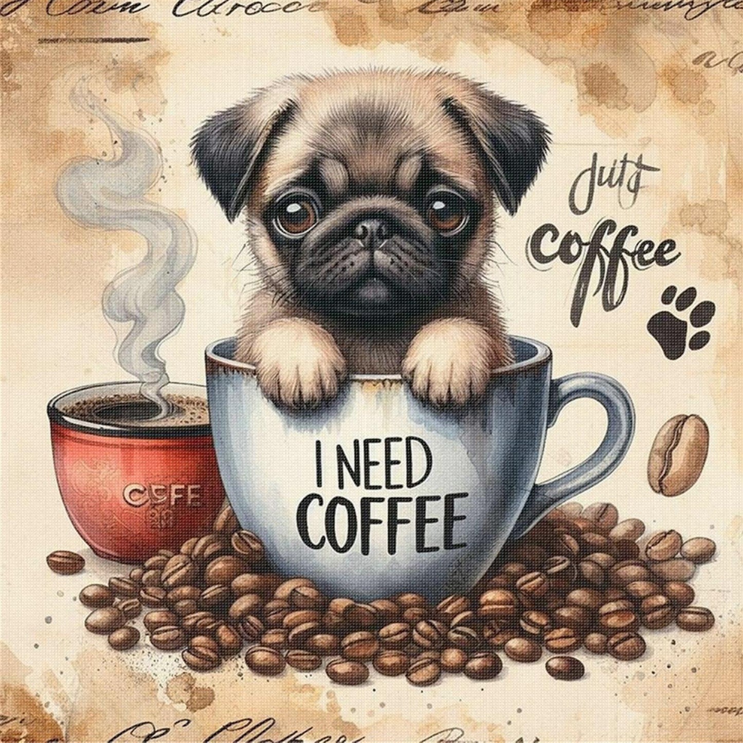 Pug In Coffee Cup-Dog - Full 11CT Stamped Cross Stitch 40x40CM - Yishu