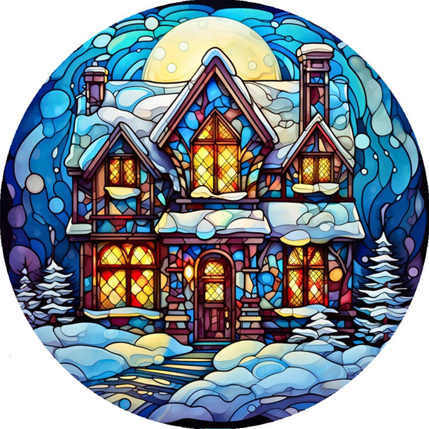 Glass Painting - Snow House - Full 14CT Stamped Cross Stitch 40x40CM - Huacan