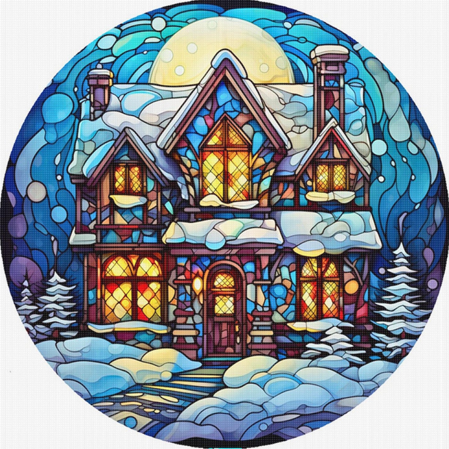 Glass Painting - Snow House - Full 14CT Stamped Cross Stitch 40x40CM - Huacan