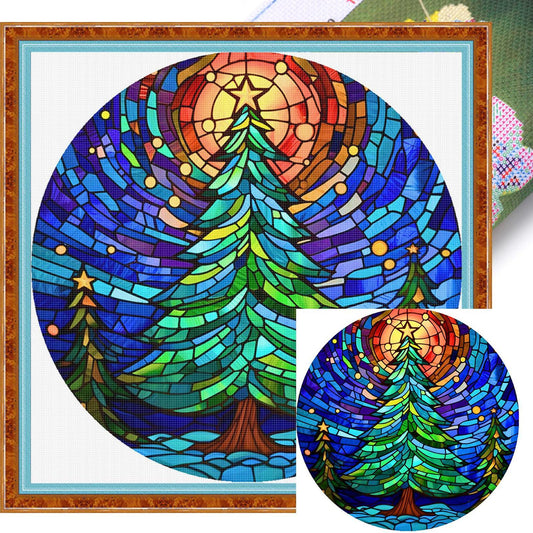 Glass Painting - Christmas Tree - Full 14CT Stamped Cross Stitch 40x40CM - Huacan