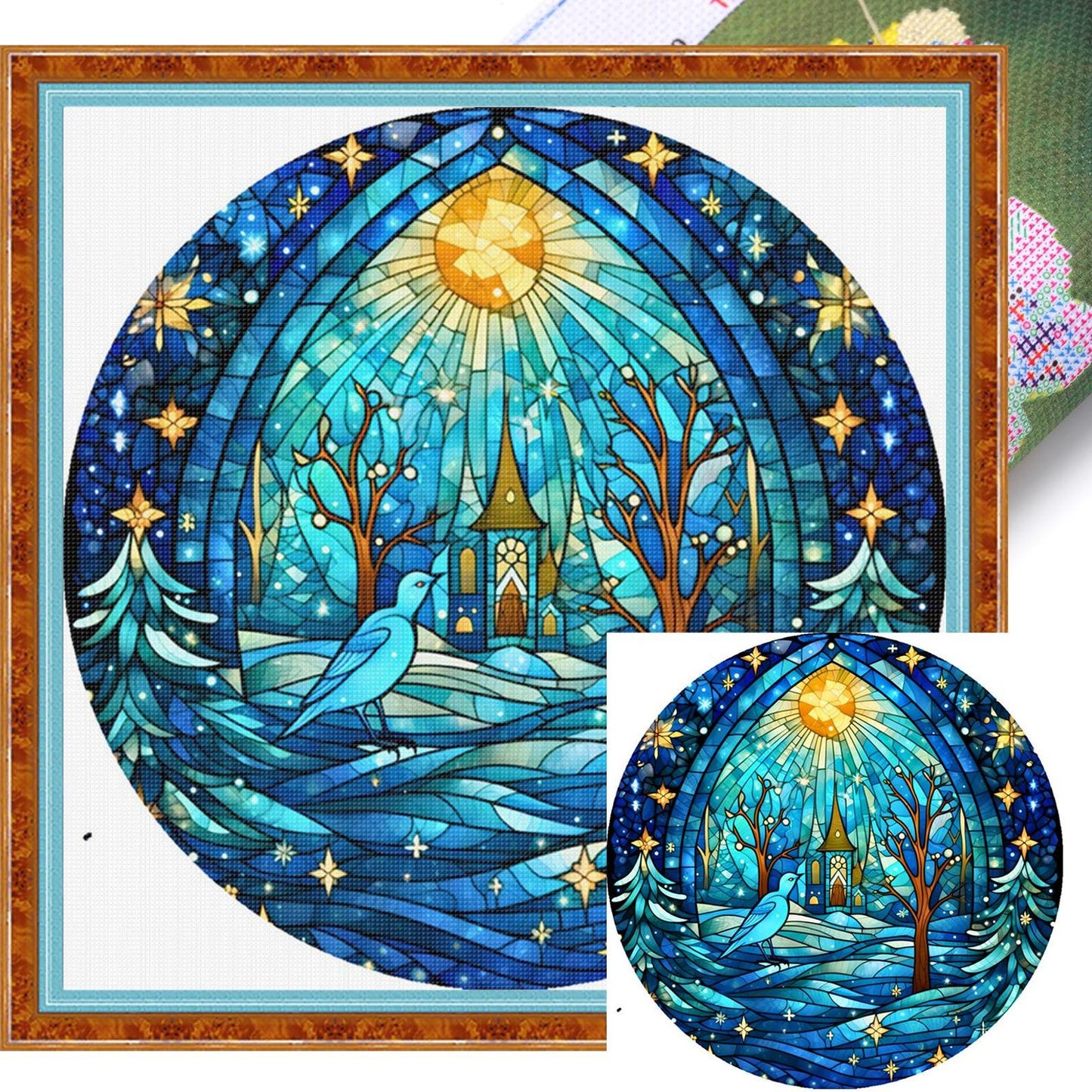 Glass Painting - Cottage And Bird - Full 14CT Stamped Cross Stitch 40x40CM - Huacan