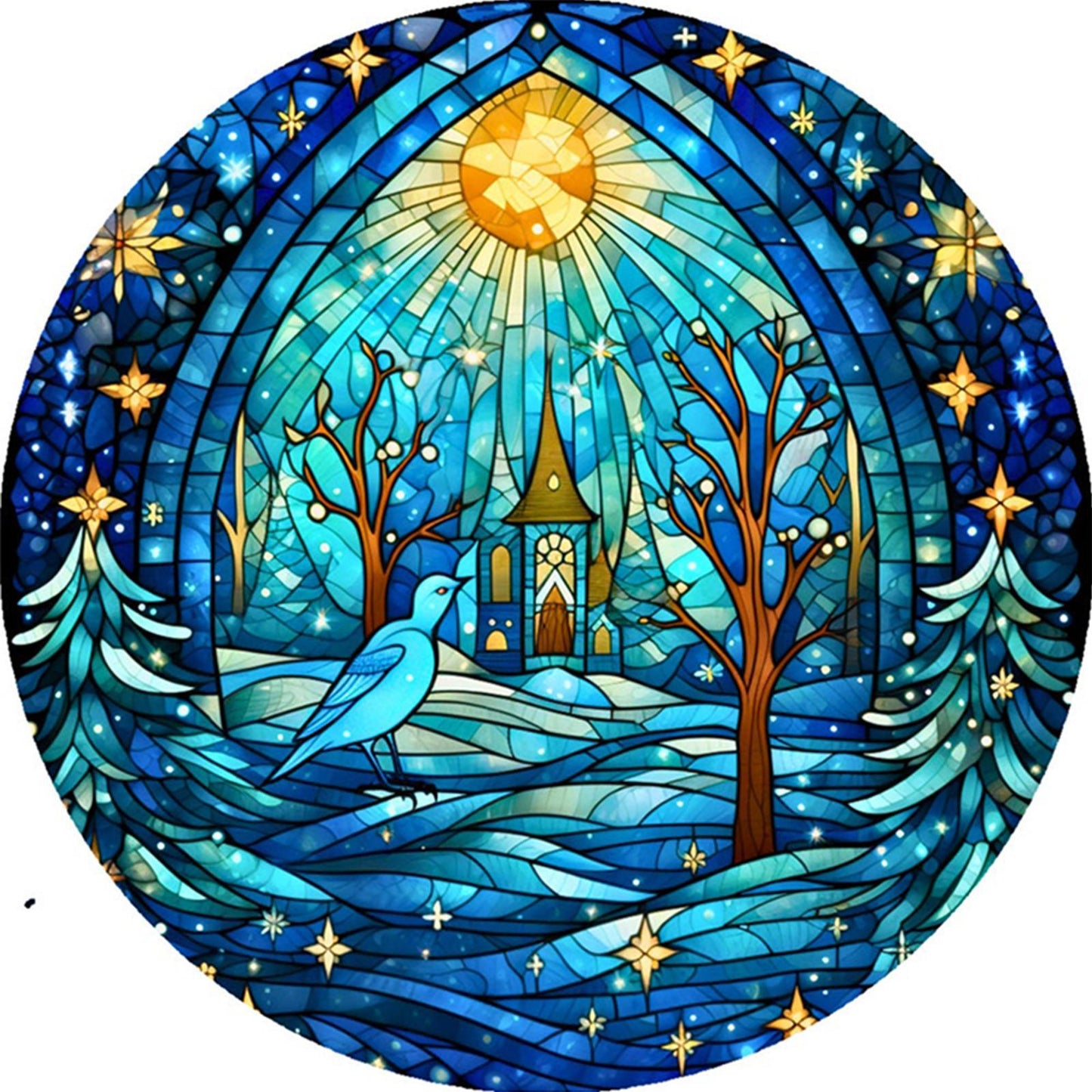 Glass Painting - Cottage And Bird - Full 14CT Stamped Cross Stitch 40x40CM - Huacan
