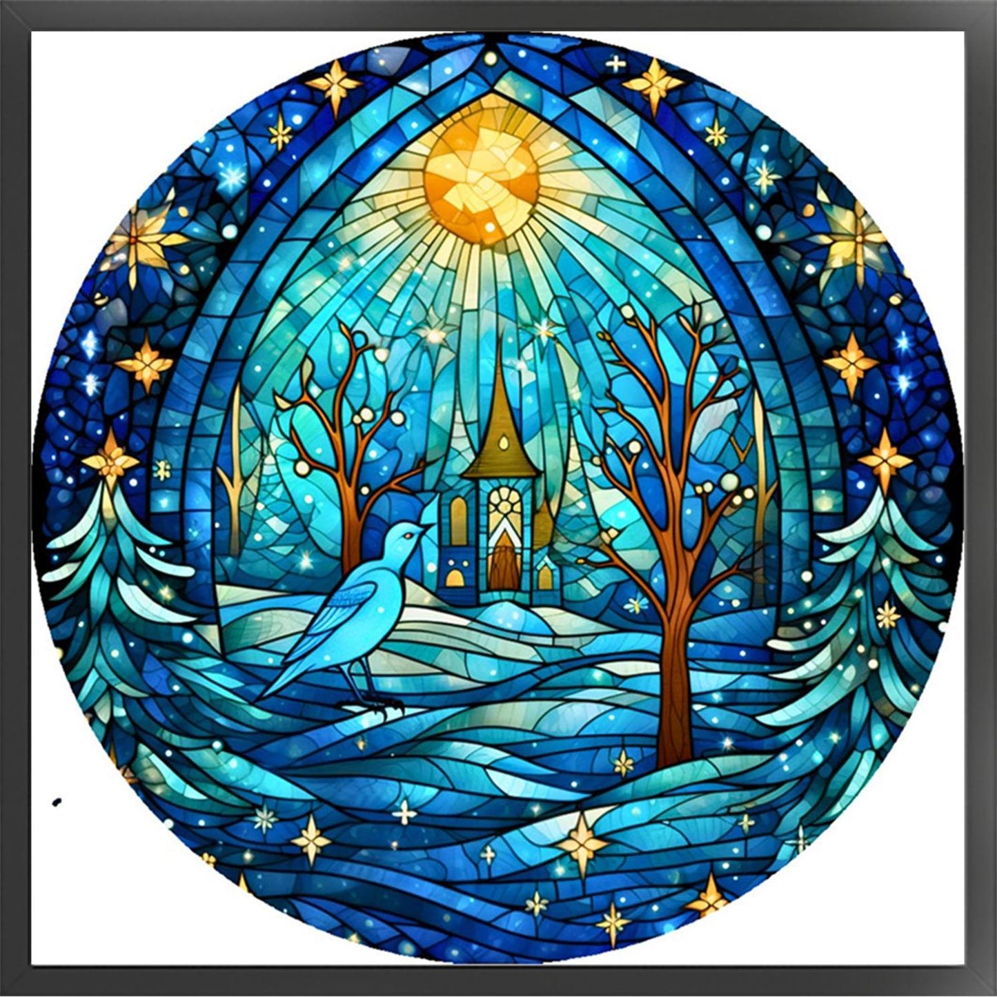 Glass Painting - Cottage And Bird - Full 14CT Stamped Cross Stitch 40x40CM - Huacan