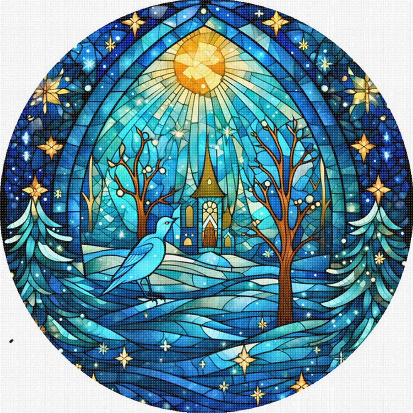Glass Painting - Cottage And Bird - Full 14CT Stamped Cross Stitch 40x40CM - Huacan