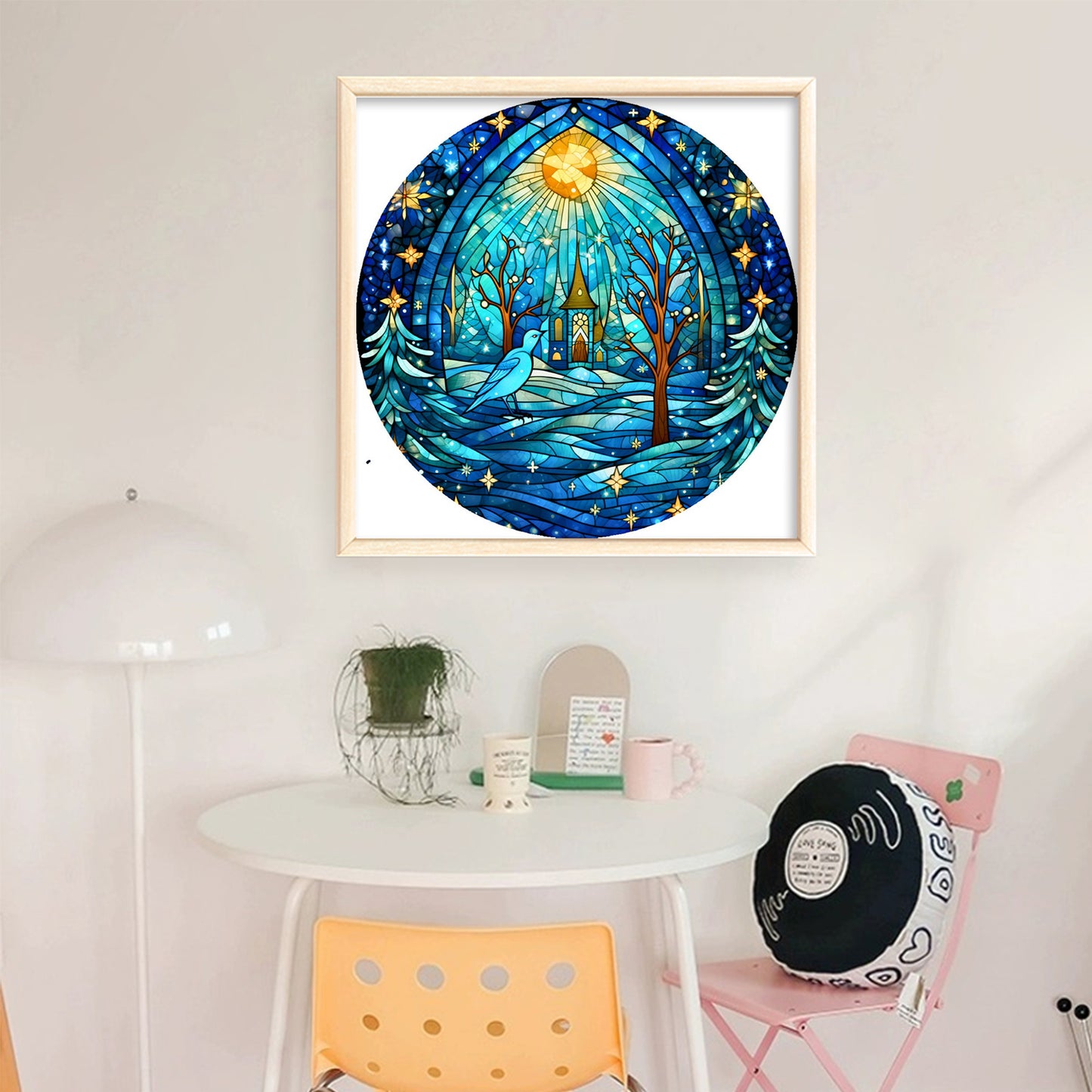 Glass Painting - Cottage And Bird - Full 14CT Stamped Cross Stitch 40x40CM - Huacan
