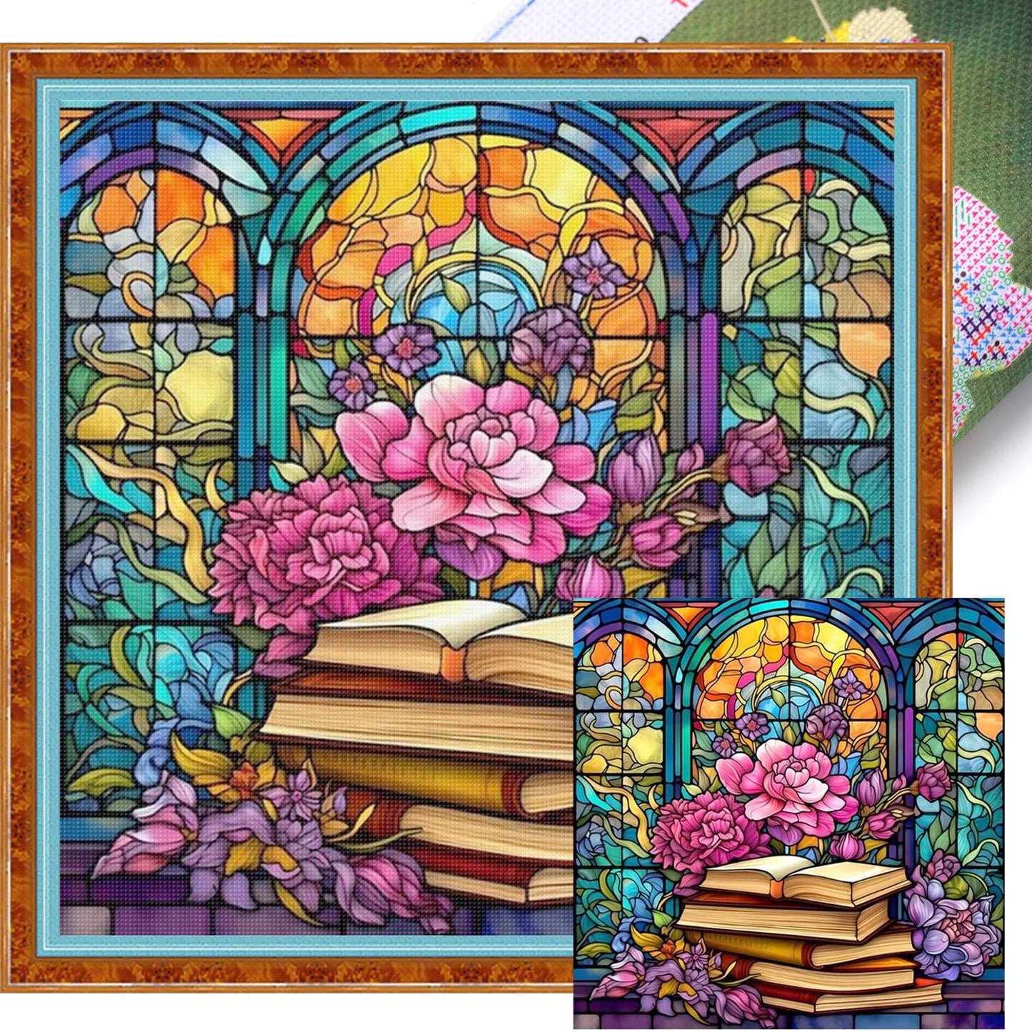 Glass Painting - Books And Flowers - Full 14CT Stamped Cross Stitch 40x40CM - Huacan