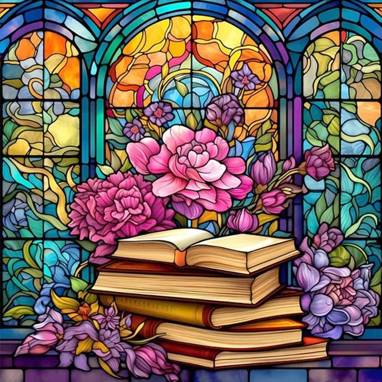 Glass Painting - Books And Flowers - Full 14CT Stamped Cross Stitch 40x40CM - Huacan