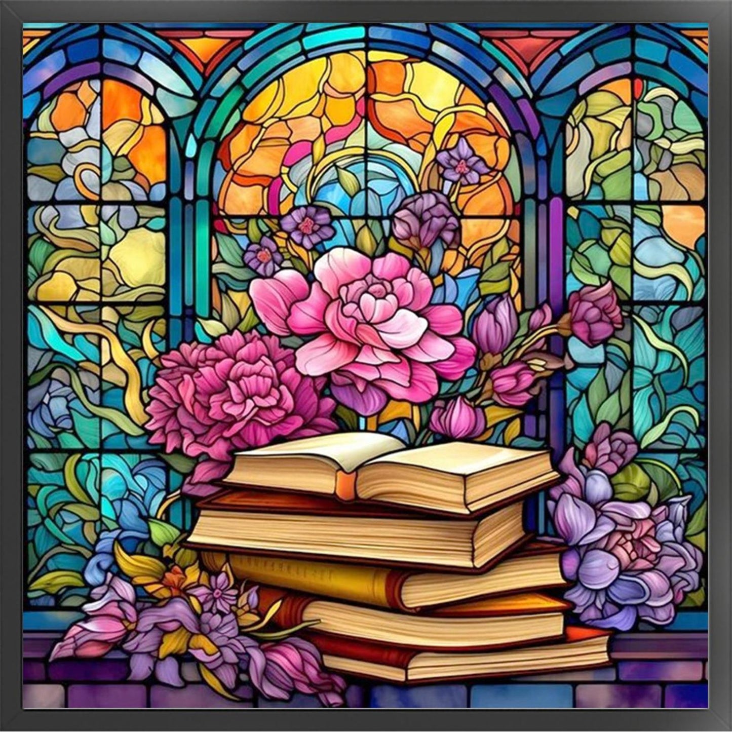 Glass Painting - Books And Flowers - Full 14CT Stamped Cross Stitch 40x40CM - Huacan