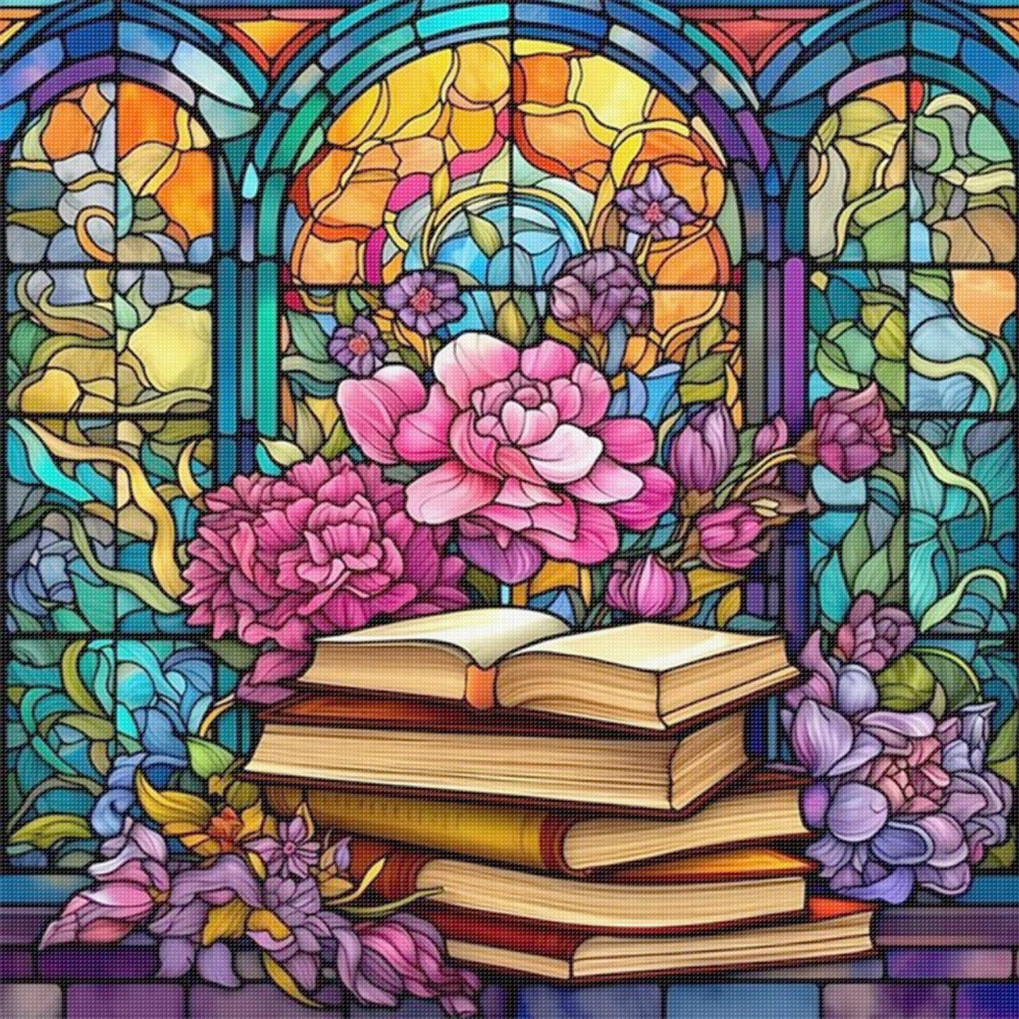 Glass Painting - Books And Flowers - Full 14CT Stamped Cross Stitch 40x40CM - Huacan