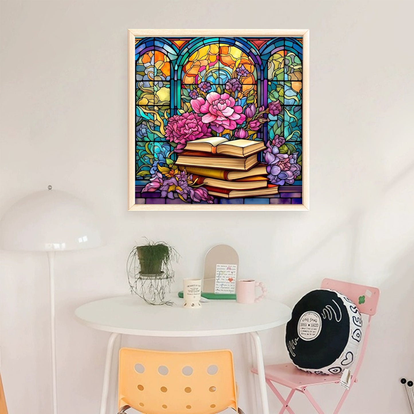 Glass Painting - Books And Flowers - Full 14CT Stamped Cross Stitch 40x40CM - Huacan