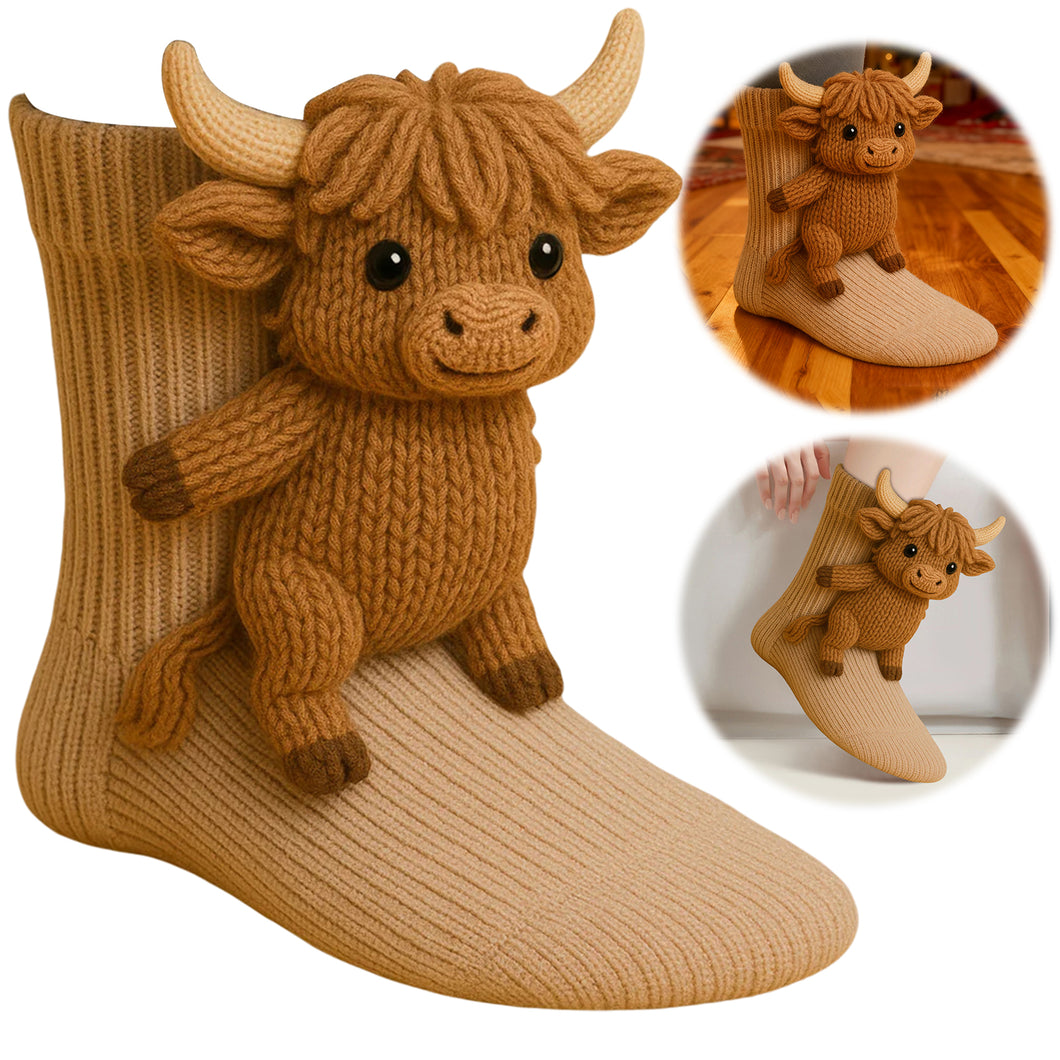 1 Pair 3D Doll Socks Funny Knit Animal Socks for Girls Women (Highland Cow)
