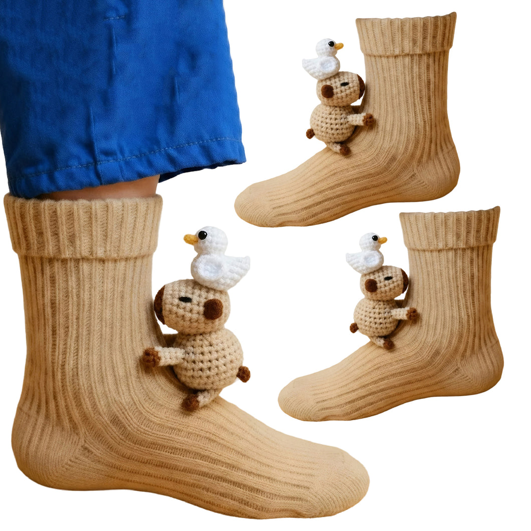 1 Pair 3D Doll Socks Funny Knit Animal Socks Floor Socks for Girls Women (Duck)