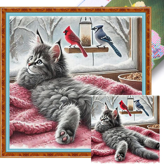 Cat By Window - Full 11CT Stamped Cross Stitch 40x40CM - Yishu