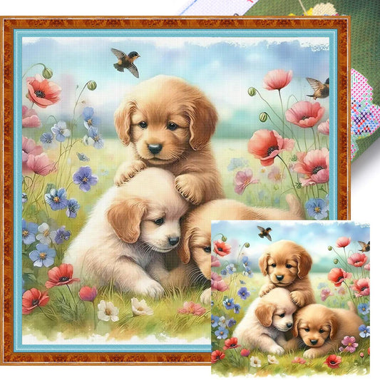 Playing Golden Retriever-Dog - Full 11CT Stamped Cross Stitch 40x40CM - Yishu