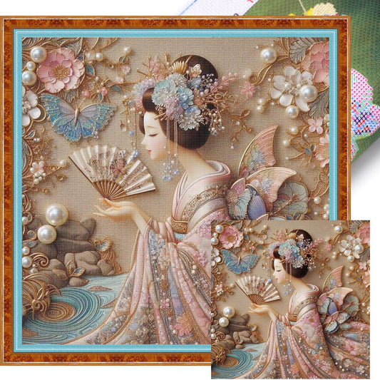 Japanese Geisha - Full 11CT Stamped Cross Stitch 45x45CM - Huacan