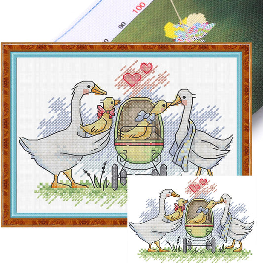 Family Of White Geese - Partial 14CT Stamped Cross Stitch 19x15CM - Joy Sunday Backstitch+Half Cross Stitch