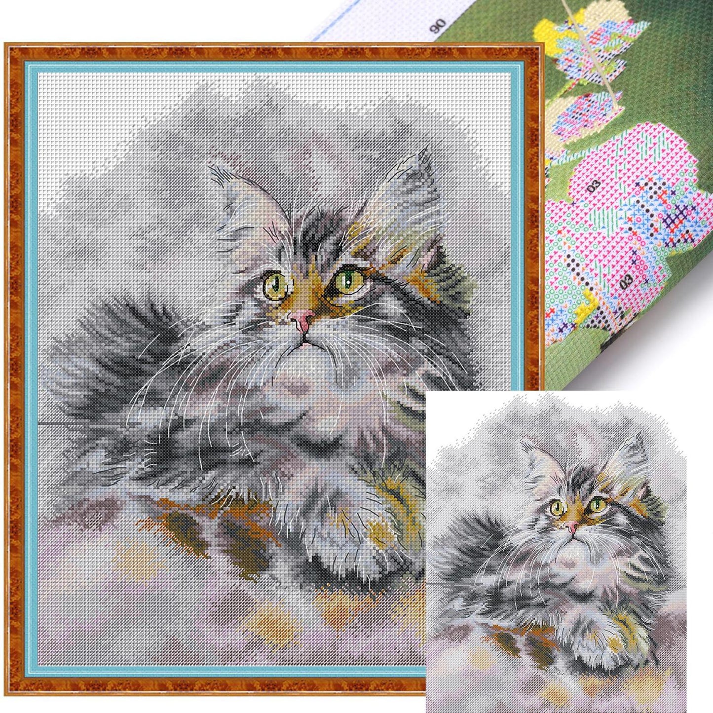 Fluffy Oil Painting Cat - Partial 14CT Stamped Cross Stitch 35x43CM - Joy Sunday Backstitch+Half Cross Stitch