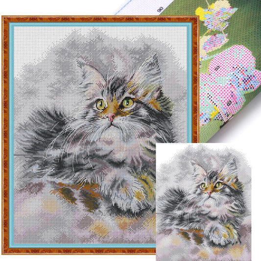 Fluffy Oil Painting Cat - Partial 14CT Stamped Cross Stitch 35x43CM - Joy Sunday Backstitch+Half Cross Stitch