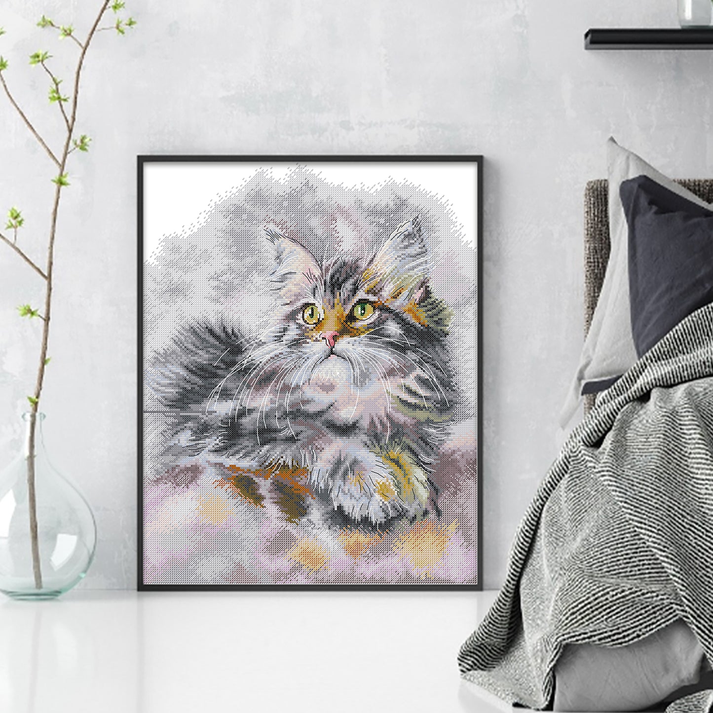 Fluffy Oil Painting Cat - Partial 14CT Stamped Cross Stitch 35x43CM - Joy Sunday Backstitch+Half Cross Stitch