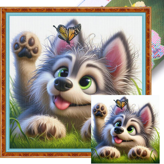 Little Wolf And Butterfly - Full 18CT Stamped Cross Stitch 20x20CM - Huacan